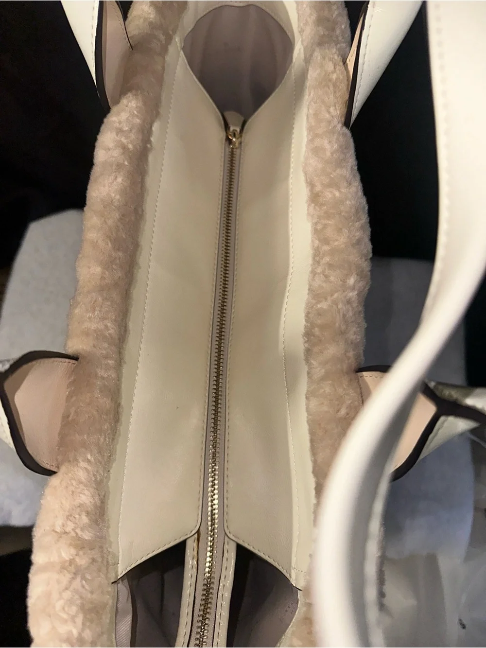 kate spade Cream Leather Tote with Shearling Trim